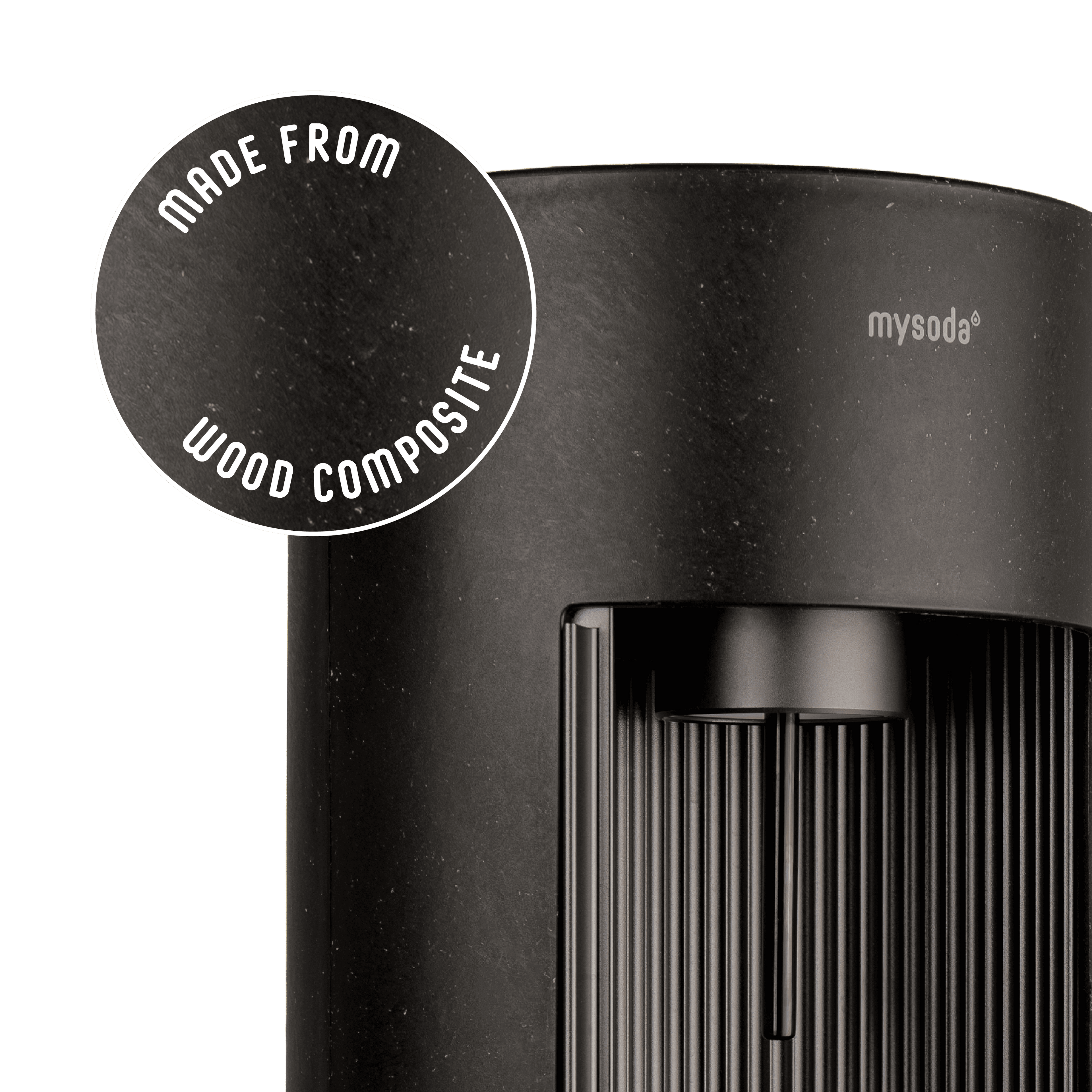 Glassy black sparkling water maker with a close-up bubble showing the subtly visible wood fibres on the device's surface