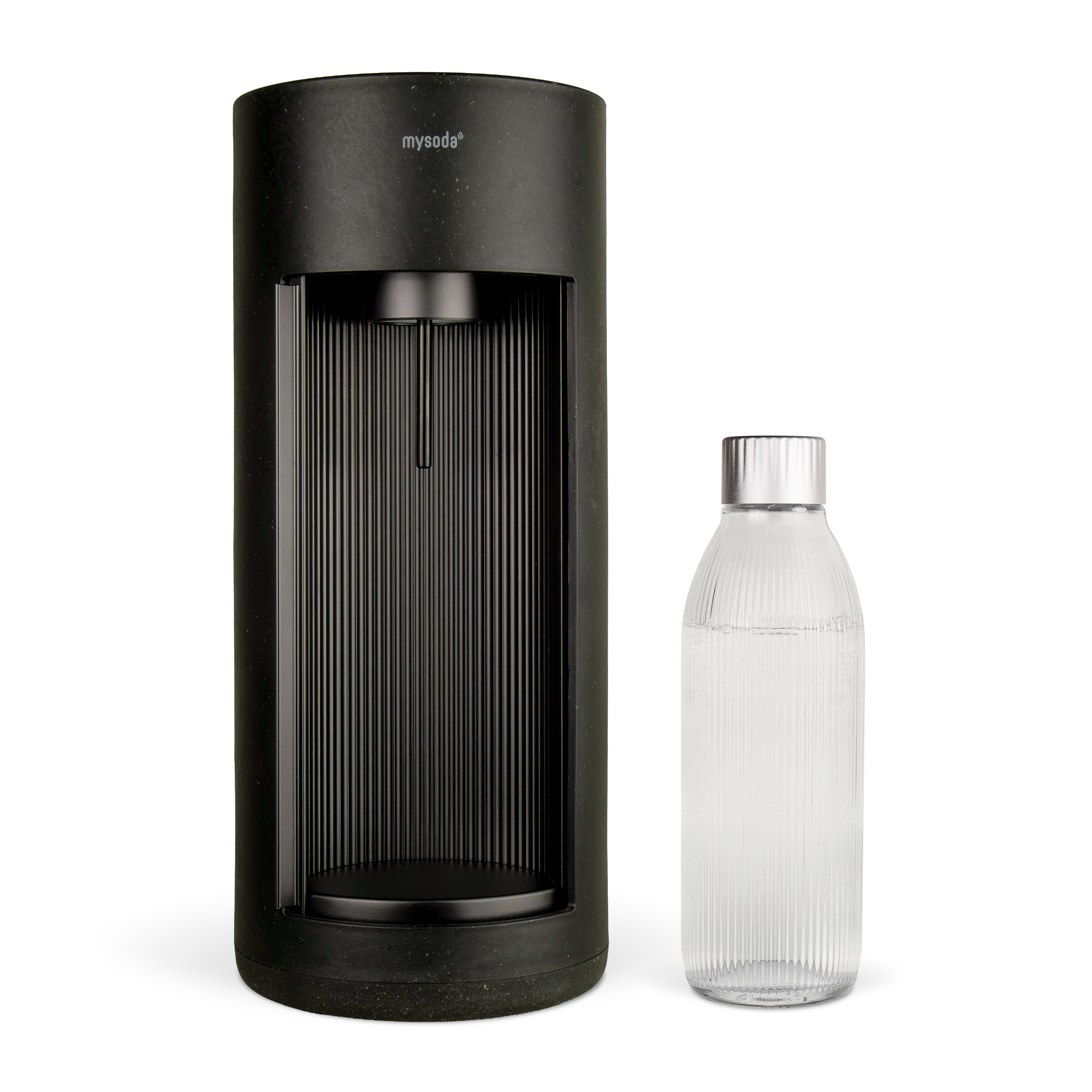 Black Glassy sparkling water maker and glass bottle