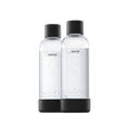 Two 1 liter Mysoda water bottles with black bottom and cap