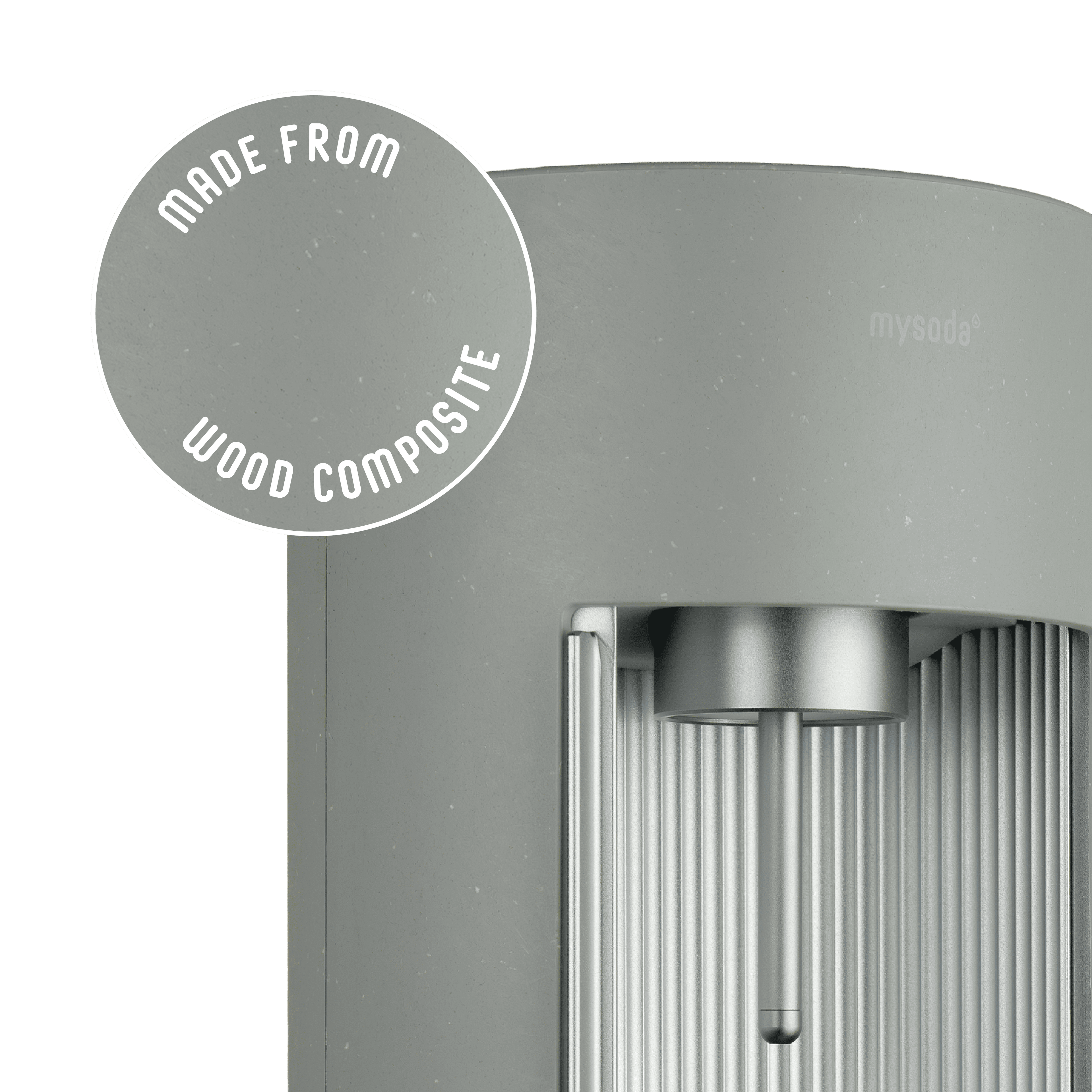 Glassy pigeon sparkling water maker with a close-up bubble showing the subtly visible wood fibres on the device's surface