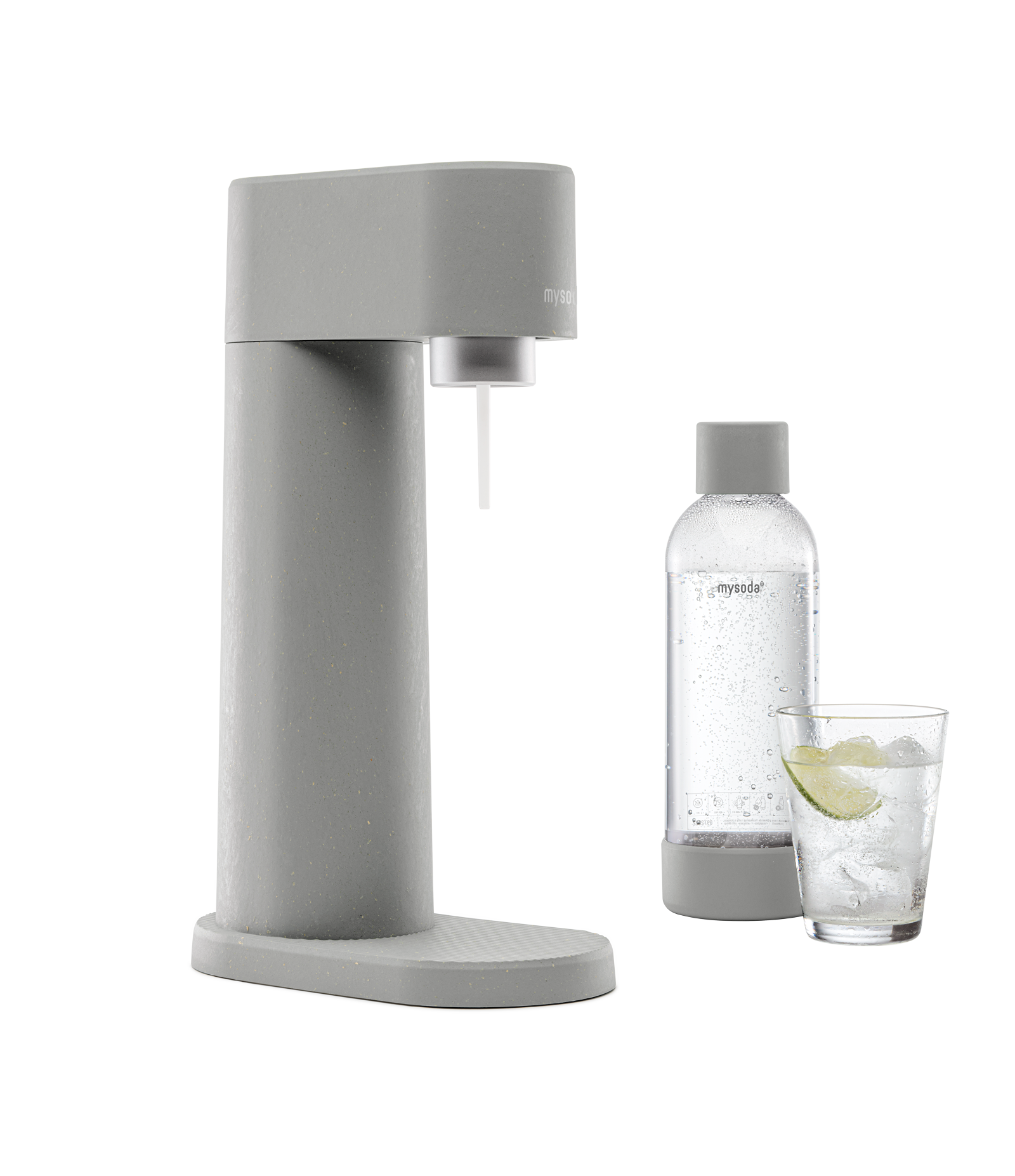 Gray Mysoda Woody sparkling water maker with bottle