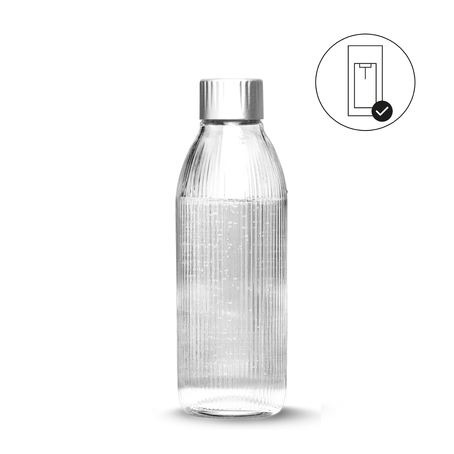 A Mysoda glass bottle and Glassy icon with check mark conveying that the bottle is only compatible with Glassy soda maker model