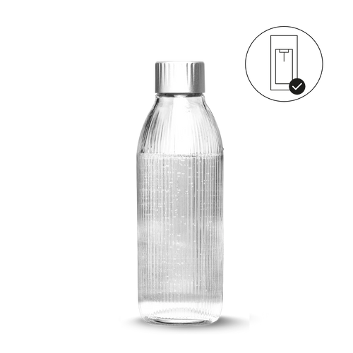 A Mysoda glass bottle and Glassy icon with check mark conveying that the bottle is only compatible with Glassy soda maker model