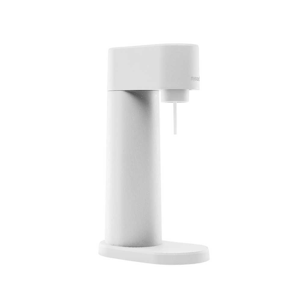A white Woody sparkling water maker viewed from the side