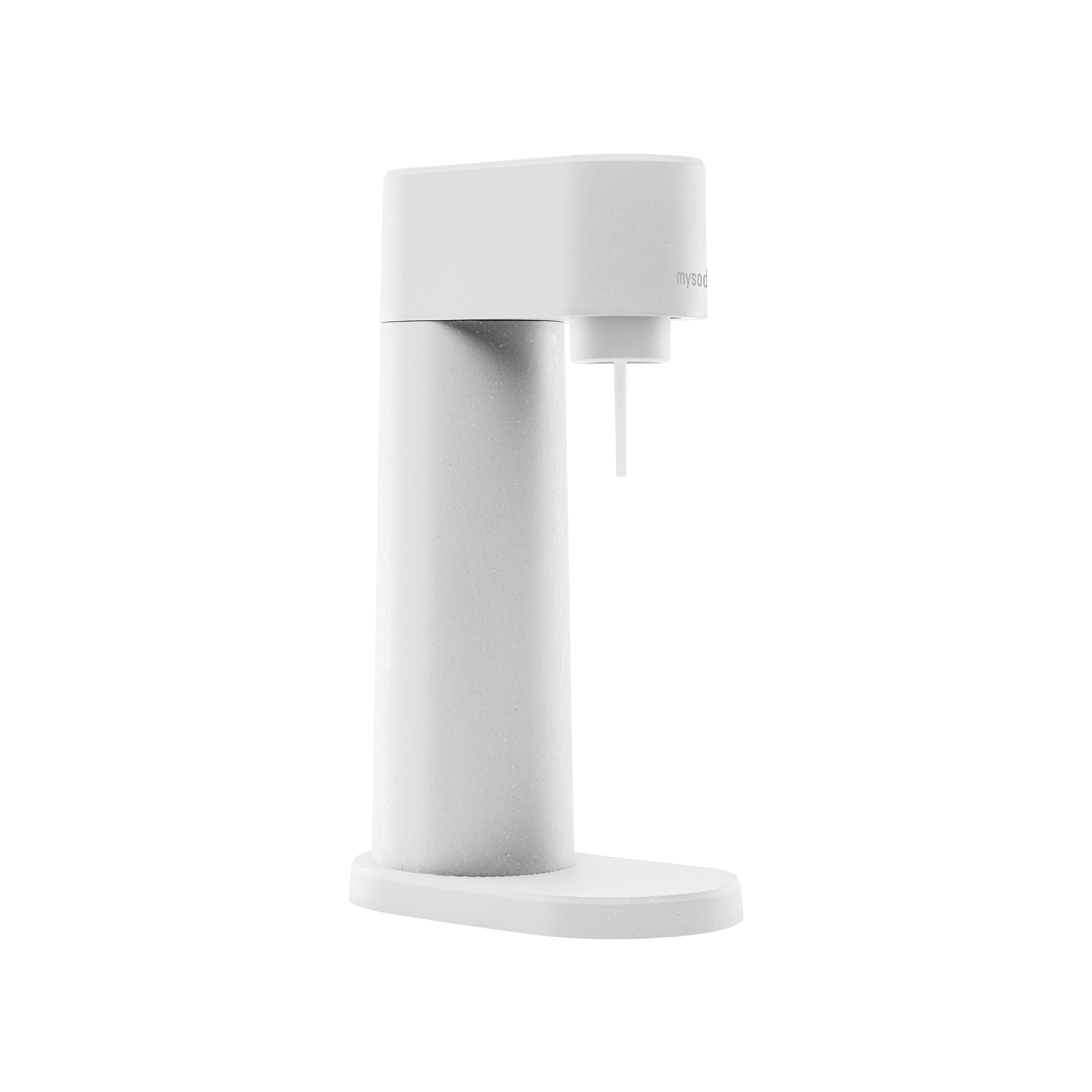 A white Woody sparkling water maker viewed from the side